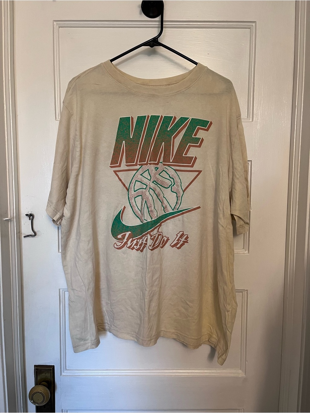 Nike Beige Short-Sleeve Tee with Green & Brown Basketball Graphic